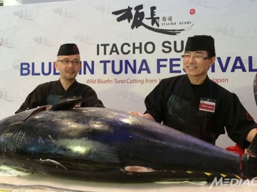 The S$35,000 giant Bluefin Tuna was presented during a traditional Japanese fish-cutting ceremony at J-Cube in Singapore. Photo: 938LIVE