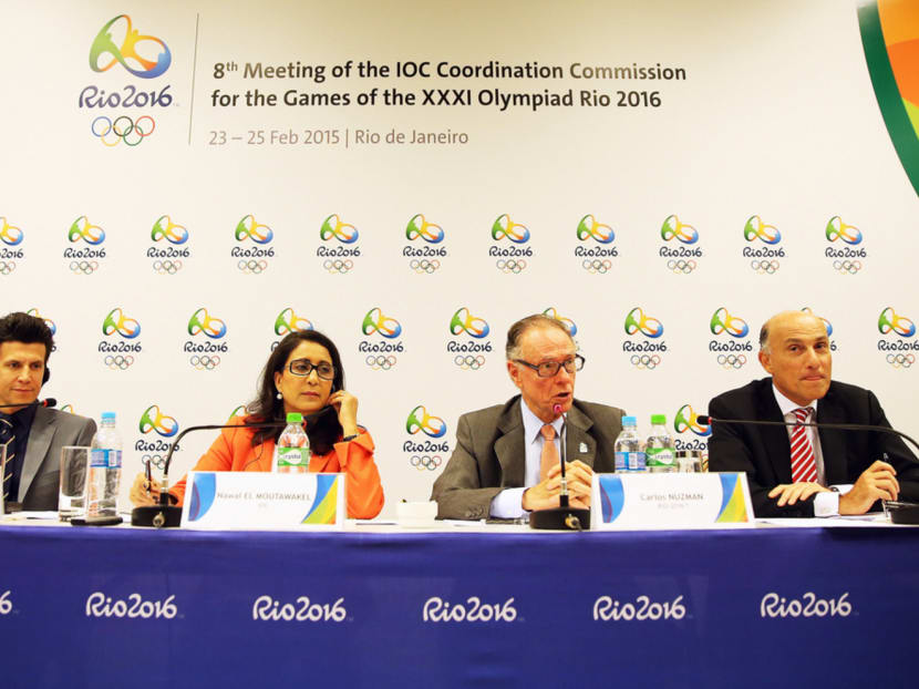(From left) Olympic Games executive director Christophe Dubi, IOC member from Morocco and chair commission Nawal El Moutawakel, Rio 2016 organising committee president Carlos Nuzman and Rio 2016 organising committee CEO Sidney Levy at a press conference in Rio de Janeiro on Wednesday. Photo: Getty Images
