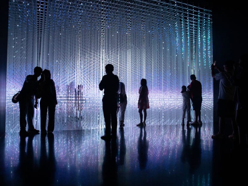 An interactive digital installation ’Crystal Universe’ from TeamLab’s ‘Future World: Where Art Meets Science’ exhibition, at ArtScience Museum on Aug 16, 2023. 