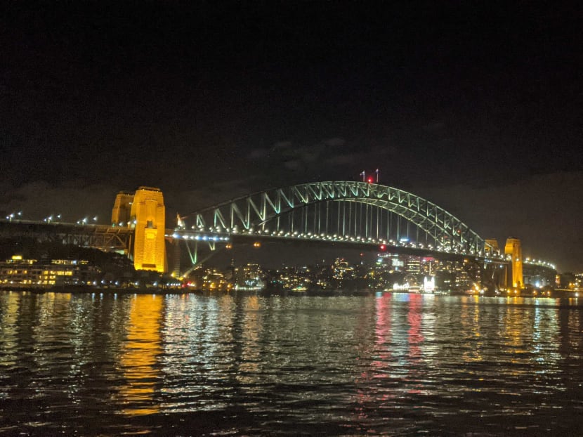 A view of Sydney Harbour Bridge at night.