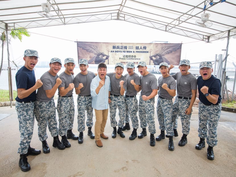 Director Jack Neo with part of the cast of Ah Boys to Men 3: Frogmen. mm2 Entertainment co-produced this movie with Neo's J-Team. Photo: Golden Village Pictures