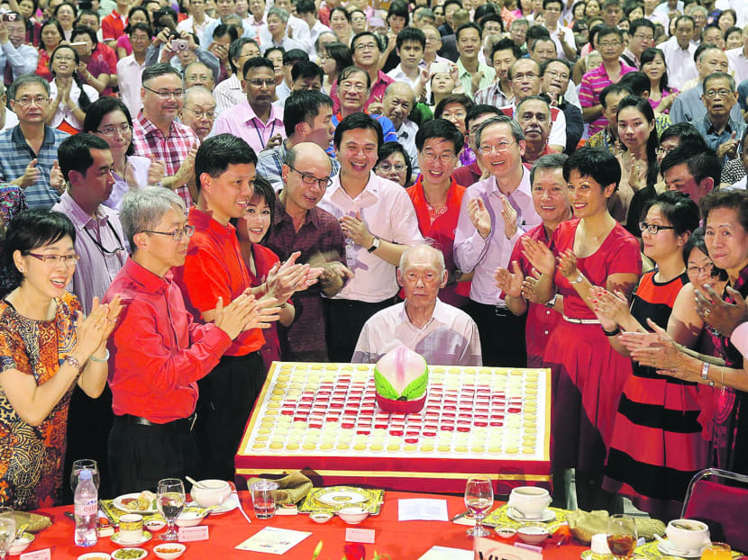 At the Tanjong Pagar-Tiong Bahru National Day celebration dinner yesterday, residents also sang a birthday song for Mr Lee, who turns 90 on Sept 16. Photo: Ooi Boon Keong