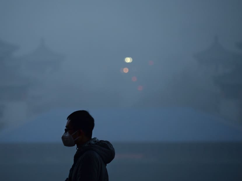 File photo of a man wearing a mask visiting a park amid heavy air pollution in Beijing on Dec 20, 2016.  Photo: AFP