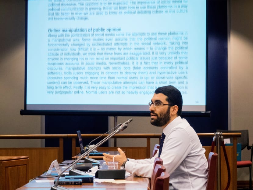 Morteza Shahrezaye, political data science researcher at Technical University of Munich, at the public hearings of the Select Committee on Deliberate Online Falsehoods, on March 16, 2018. Photo Credit: Ministry of Communications and Information.