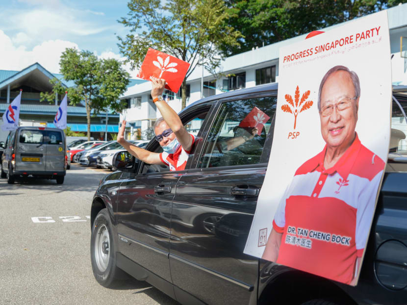 The Progress Singapore Party and the People's Action Party doing their rounds of campaigning at Ayer Rajah Market and Food Centre in the West Coast Group Representation Constituency on July 4, 2020.
