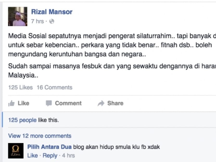 Screencapture of Mr Rizal Mansor’s Facebook post in which he suggested Facebook should be banned. Photo: Malay Mail Online