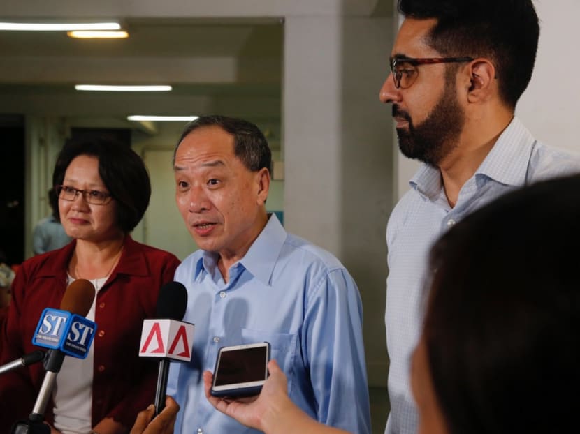 Ms Sylvia Lim, Mr Low Thia Khiang and Pritam Singh, Low Thia Khiang speaking to the media before a MPS session at Blk 713 along Bedok Reservoir road on 26th July. Photo: Najeer Yusof/TODAY