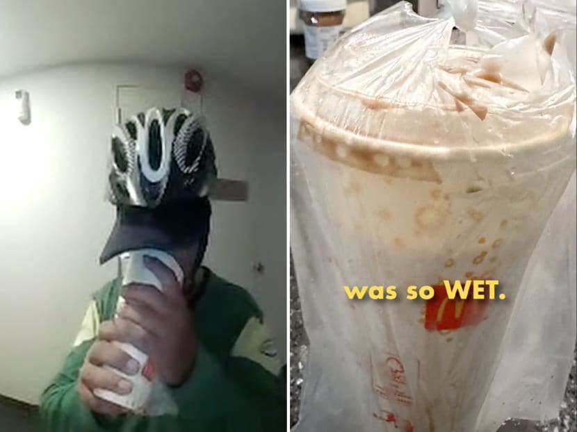 A GrabFood delivery rider was captured on security camera drinking from a customer's order (left) before delivering a cup of beverage (right) to him.