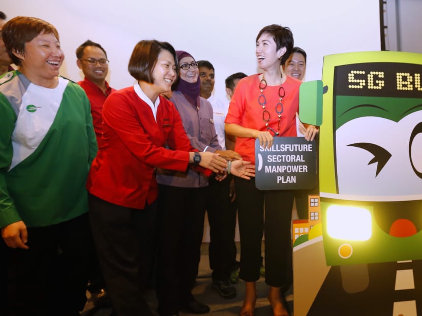 Senior Minister of State for Transport Mrs Josephine Teo unveiling the SkillsFuture Sectoral Manpower Plan for the public bus industry. Photo: Ernest Chua