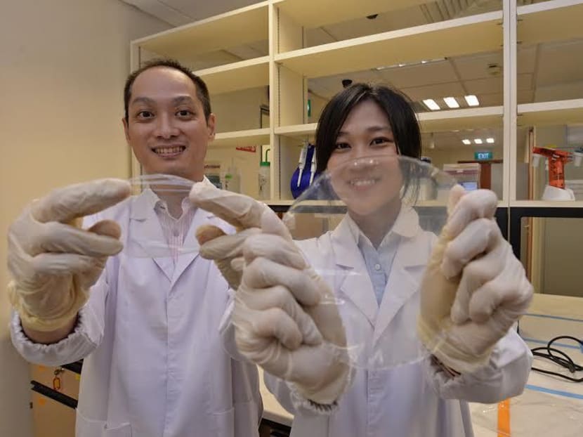 Assoc Prof Thian Eng Han (left) and PhD student Ms Tan Yi Min have developed eco-friendly food packaging material. In this photo, they are holding up the chitosan-based GFSE composite film. Photo: Robin Choo Assoc Prof Thian Eng Han (left) and PhD student Ms Tan Yi Min have developed eco-friendly food packaging material. In this photo, they are holding up the chitosan-based GFSE composite film. Photo: Robin Choo