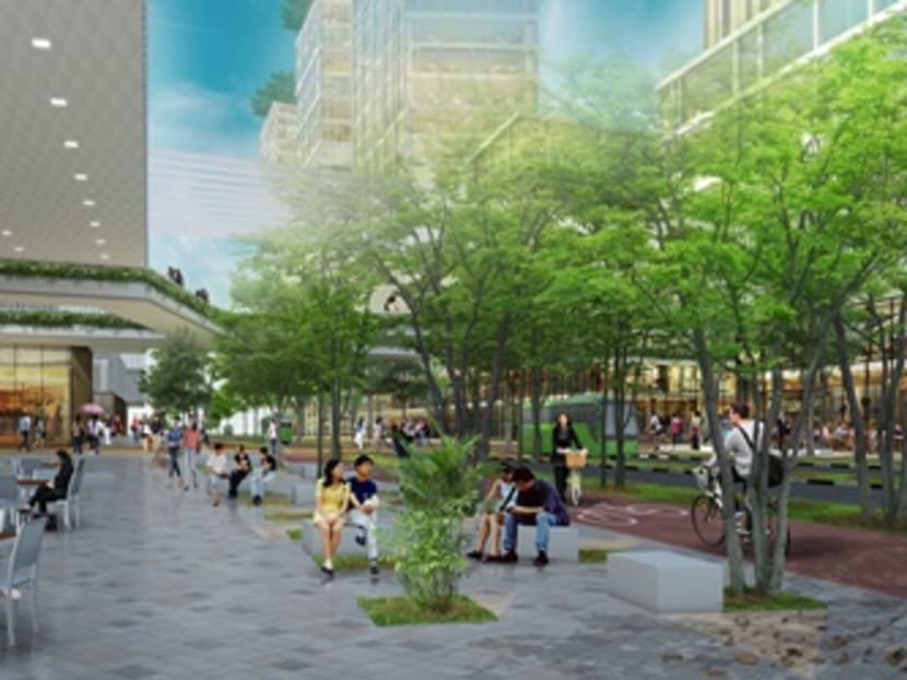 An artist’s impression of landscaped streets designed with more space for pedestrians, cyclists, and Personal Mobility Device users. Artist’s impression: KCAP/SAA/Arup/S333/Lekker