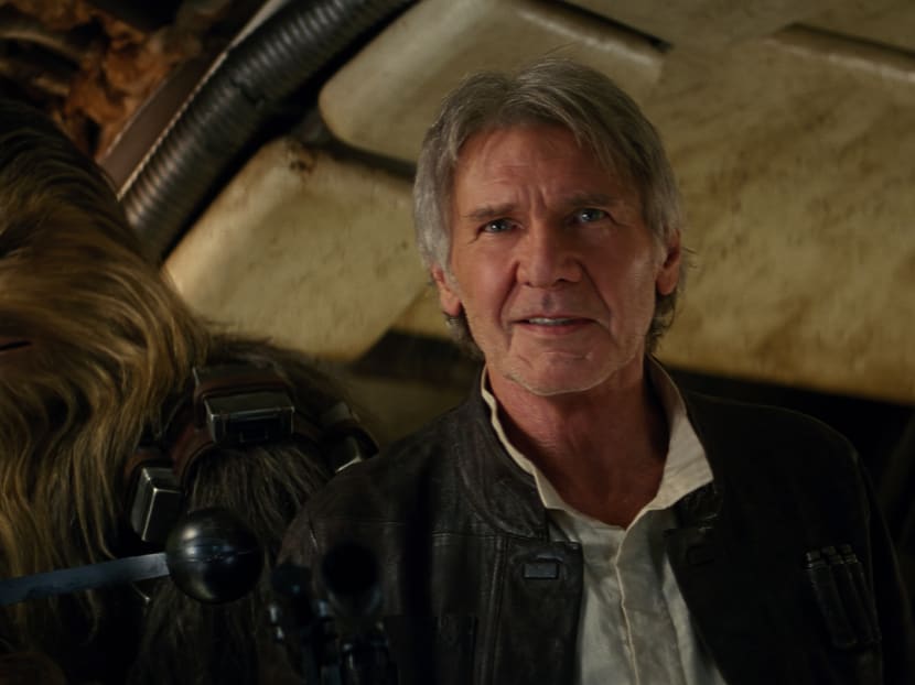 This image released by Lucasfilm shows character Chewbacca, left, and Harrison Ford in a scene from "Star Wars: The Force Awakens," the highly anticipated film by J.J. Abrams that hits theaters Dec 18. Photo: AP