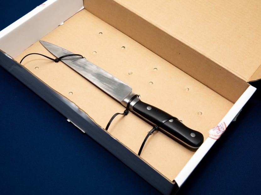The knife that was used by a knife-wielding man during an incident along Bendemeer Road on March 23, 2022. The number of knife-related crimes has remained "relatively constant" over the past five years, averaging about 150 cases annually, said Mr Desmond Tan on Monday (April 4). 

