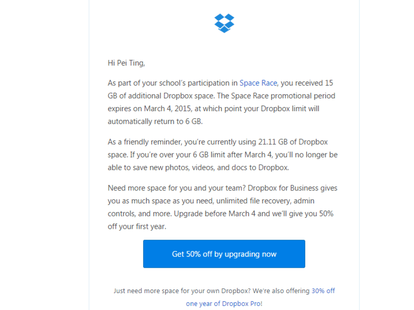 Dropbox sent out an e-mail notification of the promotion's expiration date to all participants of 2012's Great Space Race today (Feb 3).