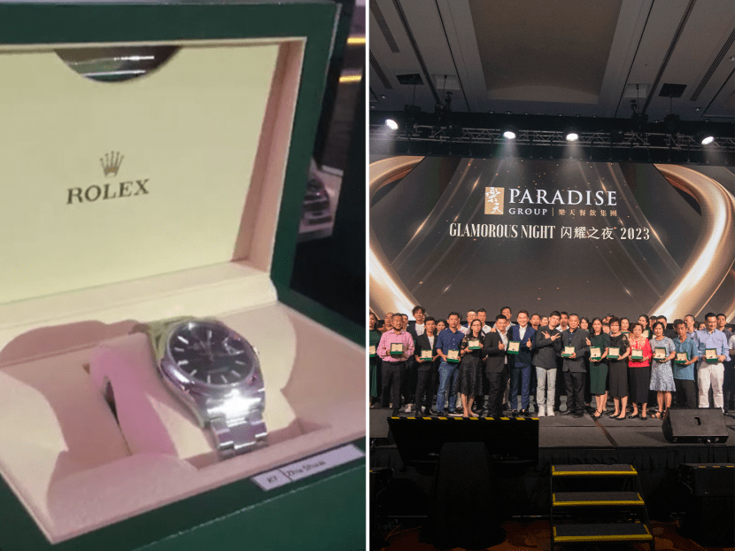 One of the Rolex watches (left) awarded to 98 of Paradise Group's long-serving employees at its annual dinner and dance on March 6, 2023 (right).