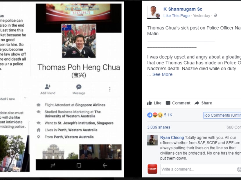 Home Affairs and Law Minister K Shanmugam had criticised Thomas Chua in a Facebook post on Saturday (June 3)