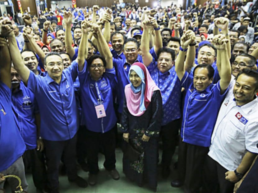 Sungai Besar Barisan Nasional candidate Budiman Mohd Zohdi (with lanyard) celebrating his victory. Photo: Malay Mail Online
