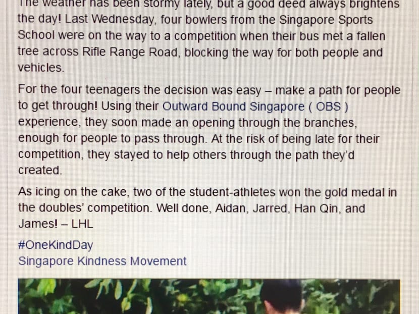 Prime Minister Lee Hsien Loong praised the Singapore Sports School bowlers for their selfless act. in a post on his Facebook page. Photo: TODAY