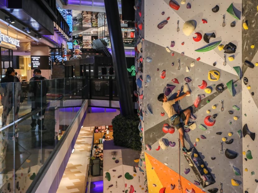 An indoor rock climbing wall at Funan mall, which shed its identity as an IT haven and took on a new persona after a S$560 million revamp in 2019. An indoor rock climbing wall at Funan mall, which shed its identity as an IT haven and took on a new persona after a S$560 million revamp in 2019.