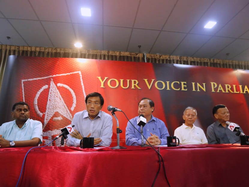At a press conference held on April 10, 2016, the SDP speaks about its transition team, one that will oversee the takeover process of the Bukit Batok Town Council should Dr Chee Soon Juan win the by-election. From left to right: Mr K Siva Sankaran, Dr Chee Soon Juan, Mr John Tan, Mr Wong Hong Koon and Mr Yeo Yeu Yong. Photo: Ernest Chua/TODAY