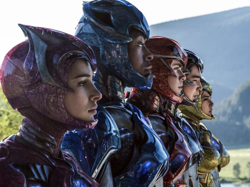From L to R: Naomi Scott as "Kimberly," RJ Cyler as "Billy," Dacre Montgomery as "Jason," Ludi Lin as "Zack" and Becky G as "Trini". Photo credit: Kimberley French via AP