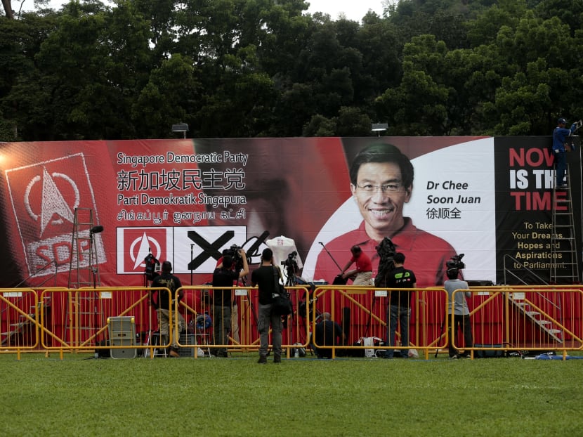 The stage is set up at Bukit Gombak stadium before the SDP rally on May 1, 2016. Photo: Jason Quah