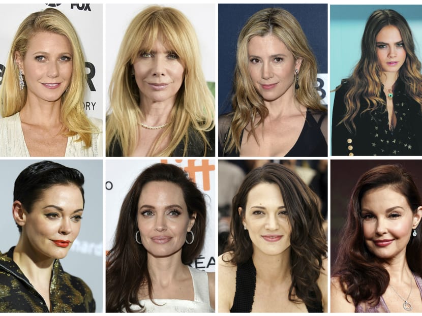 This combination photo shows actresses, top row from left, Gwyneth Paltrow, Rosanna Arquette, Mira Sorvino and Cara Delevingne, and bottom row from left, Rose McGowan, Angelina Jolie Pitt, Asia Argento and Ashley Judd, who are among the many women who have spoken out against Harvey Weinstein in on-the-record reports that detailed claims of sexual abuse. Photos: AP and Reuters