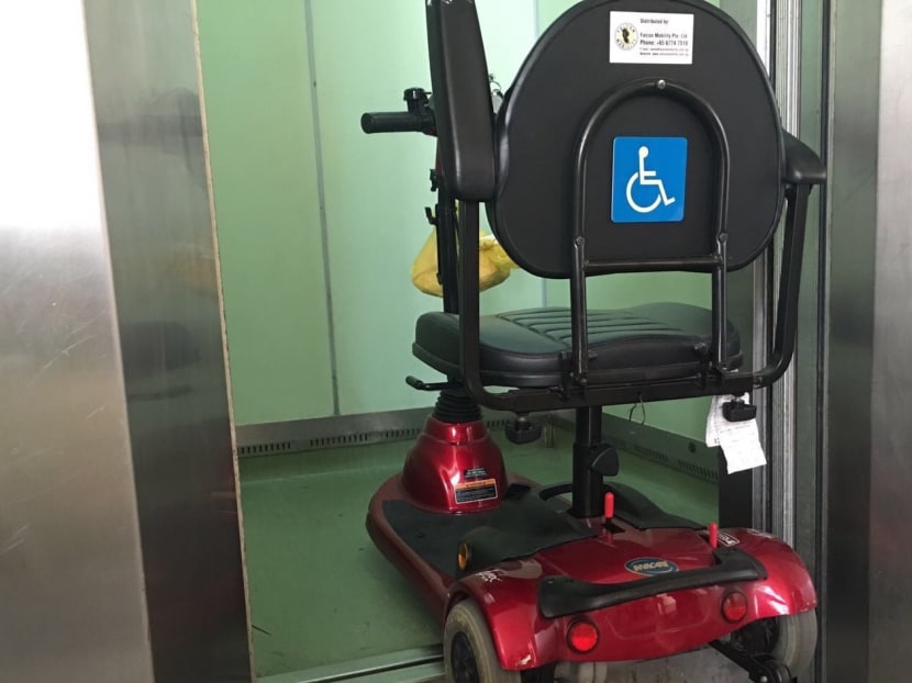 This photograph provided by the son of the 77-year-old man who died on the morning of May 16, 2016, in a lift accident shows the motorised scooter he was on. Photo: Lim Keng Swee This photograph provided by the son of the 77-year-old man who died on the morning of May 16, 2016, in a lift accident shows the motorised scooter he was on. Photo: Lim Keng Swee