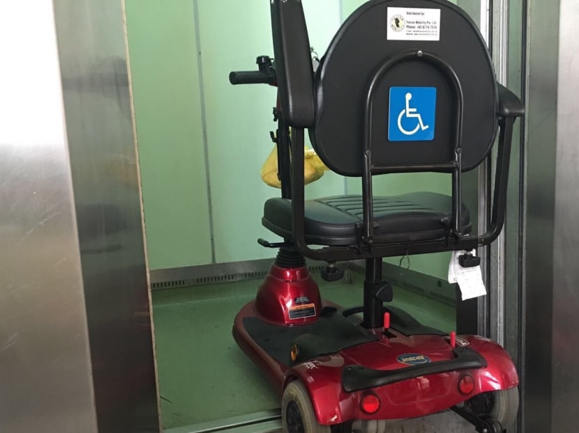 This photograph provided by the son of the 77-year-old man who died on the morning of May 16, 2016, in a lift accident shows the motorised scooter he was on. Photo: Lim Keng Swee