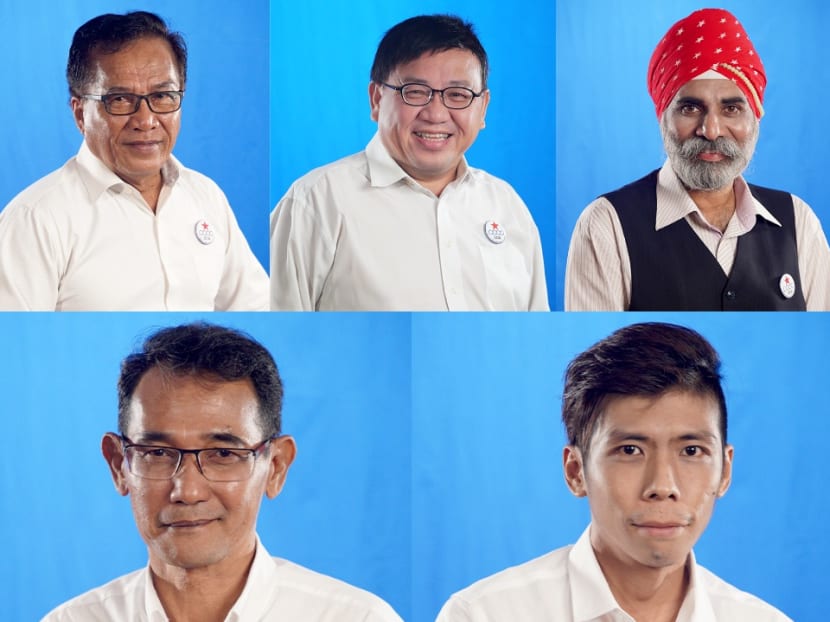 Clockwise from top left: Mr Abu Mohamed, Mr Desmond Lim Bak Chuan, Mr Harminder Pal Singh, Mr Kuswadi Atnawi and Mr Kelvin Ong will be contesting at Pasir-Ris Punggol GRC.