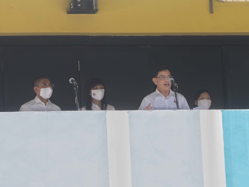 Mr Heng Swee Keat delivering his thank-you speech at St Anthony’s Canossian Primary School in Bedok North on Nomination Day, June 30, 2020.