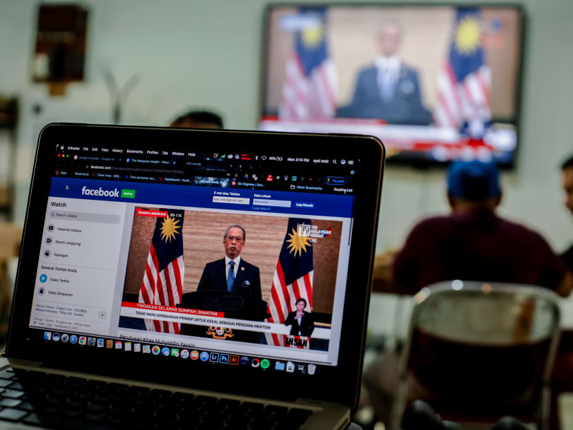 Prime Minister Muhyiddin Yassin's speech on a laptop screen in Kuala Lumpur. Malaysian Prime Minister Muhyiddin Yassin announced his resignation during an official press conference at the Prime Minister's Office in Putrajaya.