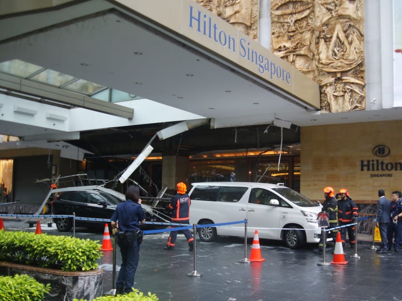 Parts of Hilton Singapore's driveway ceiling collapsed after
heavy rain in December 2015. TODAY file photo