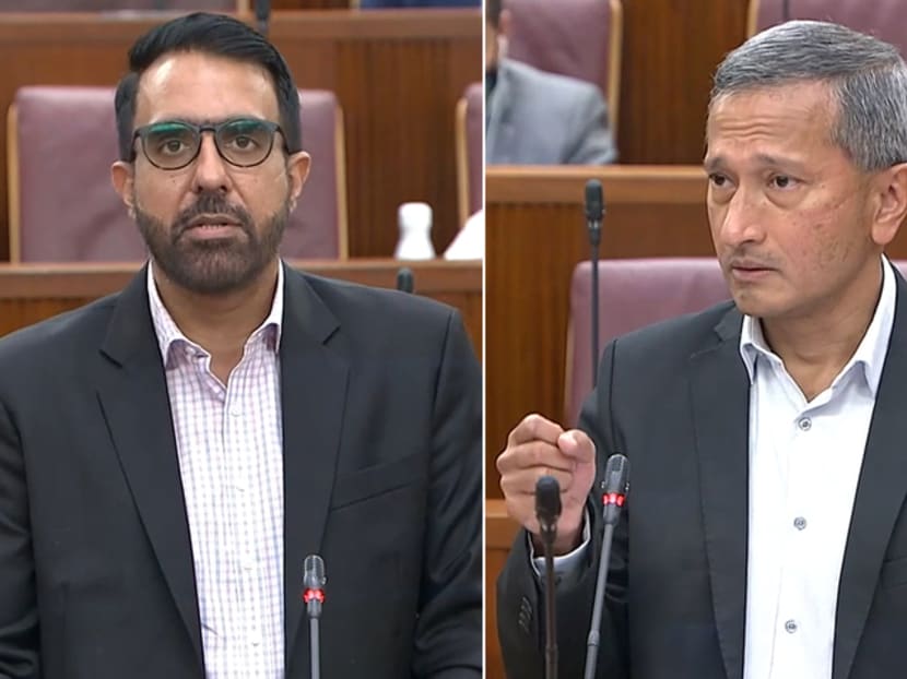 Leader of the Opposition Pritam Singh (left) and Foreign Affairs Minister Vivian Balakrishnan (right) in Parliament on Feb 2, 2021.