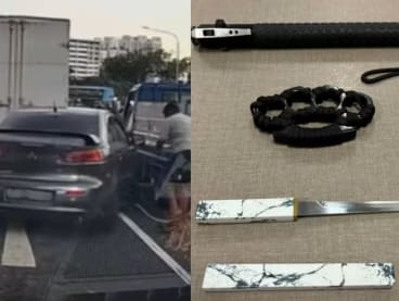 A screengrab of the incident from a video captured by a dashboard camera (left) and weapons seized by the police from the vehicle on May 28, 2024. (Images: Facebook/ Singapore Road Accident, Singapore Police Force)