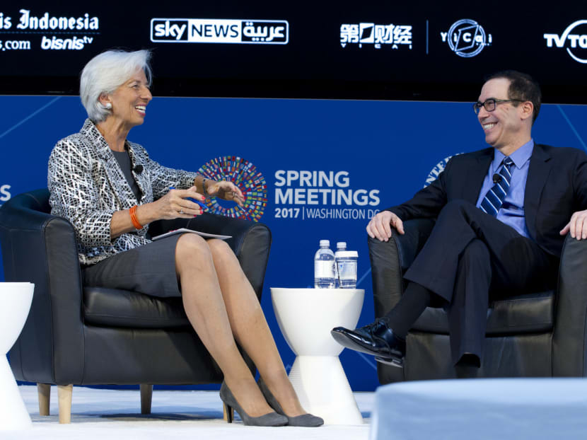 IMF managing director Christine Lagarde and United States Treasury Secretary Steven Mnuchin discussing the American economy at the World Bank/IMF Spring Meetings in Washington on Saturday. Photo: AP