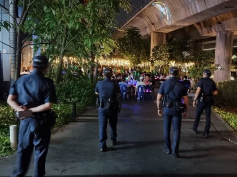 Officers patrolling around Jurong East to deter public order incidents.
