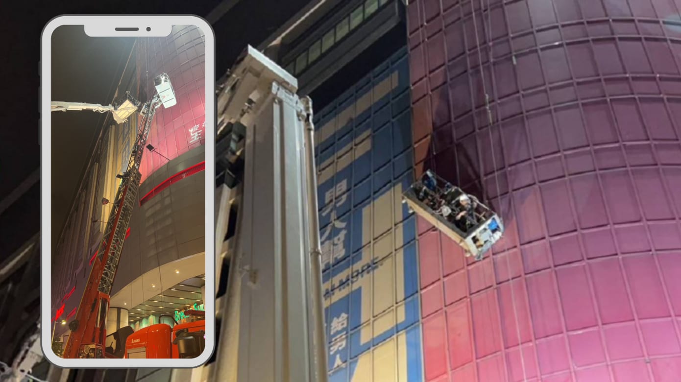 台北知名百货施工出意外 吊笼倾斜三人受困空中