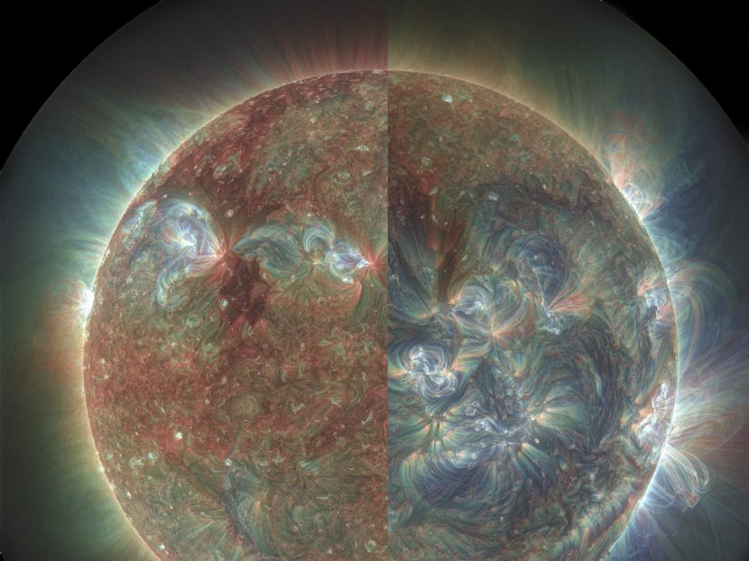Images of the sun under extreme ultraviolet light taken by NASA’s Solar Dynamics Observatory. The left half shows the sun toward the end of the latest solar minimum activity period in May 2010; and the right half shows it during the current solar maximum period in December 2014.  Photo: New York Times