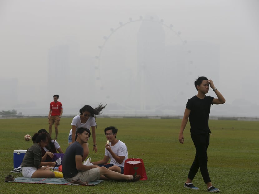 Youths have a picnic near the Singapore Flyer Observatory Wheel shrouded by haze in Singapore on Sept 29, 2015. Source: Reuters