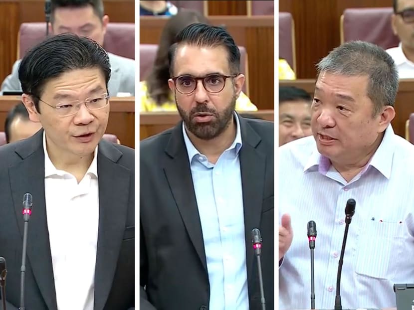 From left: Deputy Prime Minister Lawrence Wong, Workers' Party chief Pritam Singh and Member of Parliament Sitoh Yih Pin debating over the national reserves on Feb 28, 2024.