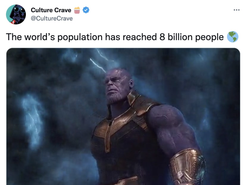 Screenshot of a meme invoking Marvel supervillain Thanos to wipe out half of the universe as the global population surpasses 8 billion.
