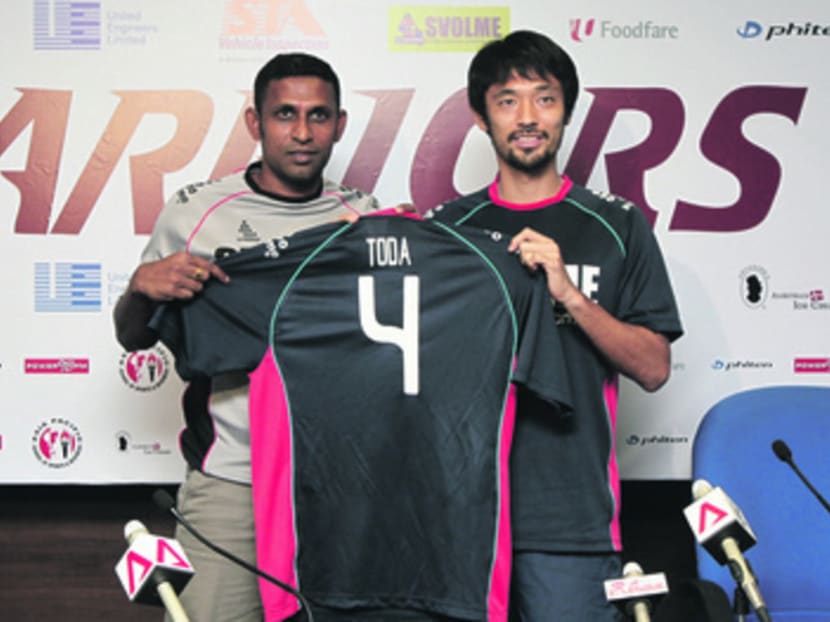 SAFFC head coach V Selvaraj (L) with their marquee player Kazuyuki Toda (R) during the press conference at Jalan Besar Stadium. TODAY file photo