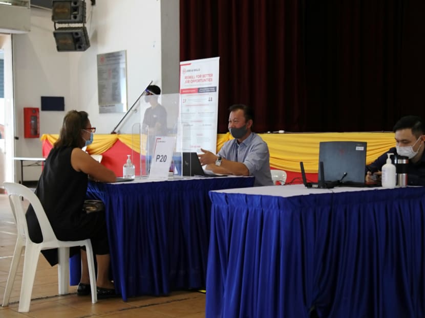 Booths at Workforce Singapore’s walk-in interviews for logistics jobs at Tampines Changkat Community Club on Feb 19, 2021.