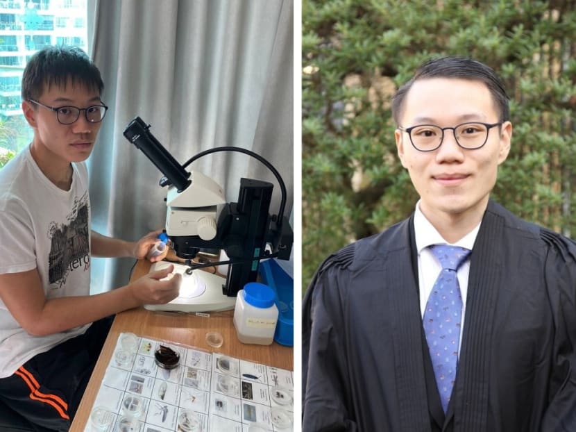 The author working at his makeshift home lab sorting insects during the circuit breaker period and at his matriculation at University of Cambridge.