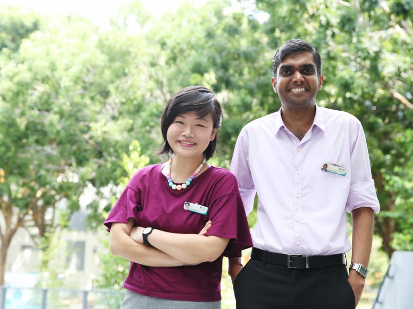 (Left to right) Ms Faith Wong, 36, and Mr Vijay Pratap, 31, who are peer support specialists with the Institute of Mental Health. Photo: Koh Mui Fong/TODAY