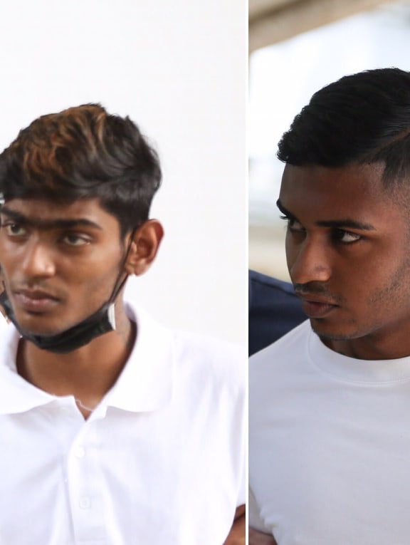 Two suspects (pictured) were led by police investigators on April 8, 2022 to the scene of an alleged attack at Block 175 Boon Lay Drive two days before.