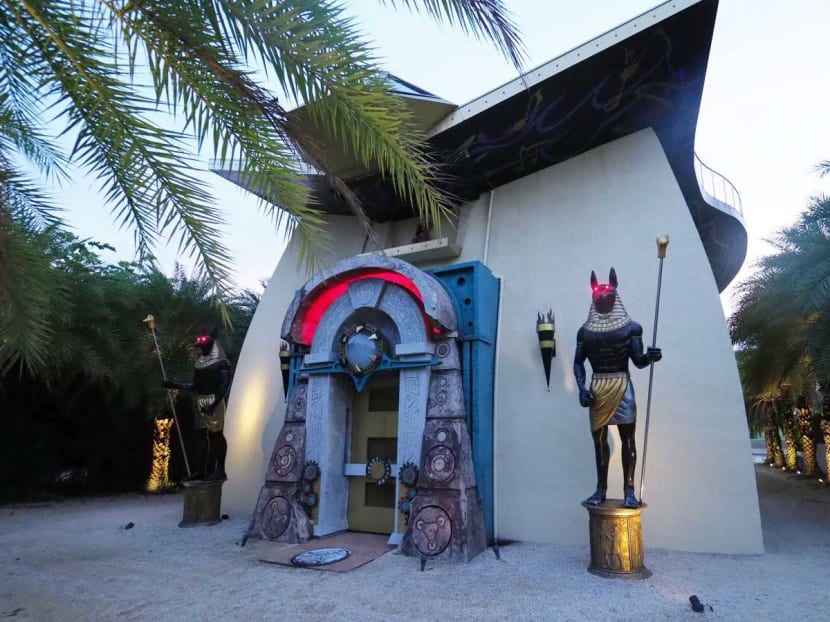One of the billionaire's five houses in the area, with a distinctive Egyptian theme. Some residents have taken exception to the appearance of the house, among other grievances.
