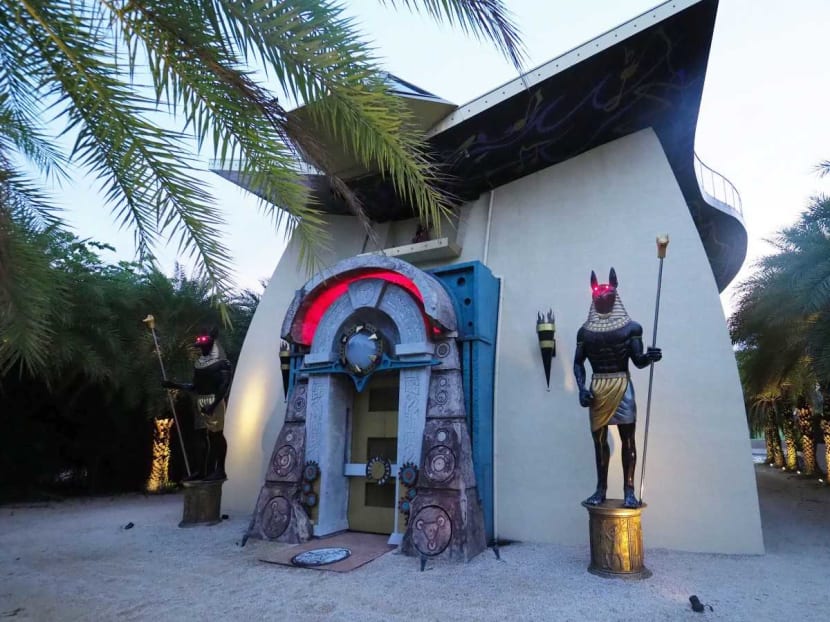 One of the billionaire's five houses in the area, with a distinctive Egyptian theme. Some residents have taken exception to the appearance of the house, among other grievances. One of the billionaire's five houses in the area, with a distinctive Egyptian theme. Some residents have taken exception to the appearance of the house, among other grievances.