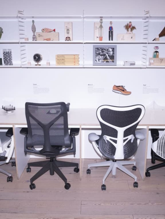 A selection of office chairs at the Herman Miller showroom in New York on June 22, 2022. A selection of office chairs at the Herman Miller showroom in New York on June 22, 2022.